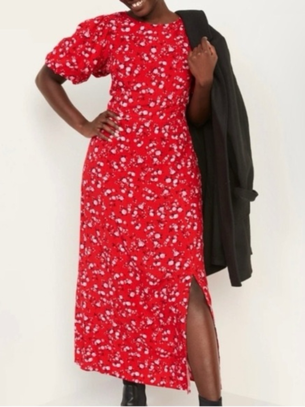 Old Navy Red Floral Maxi Dress with Puff Sleeves